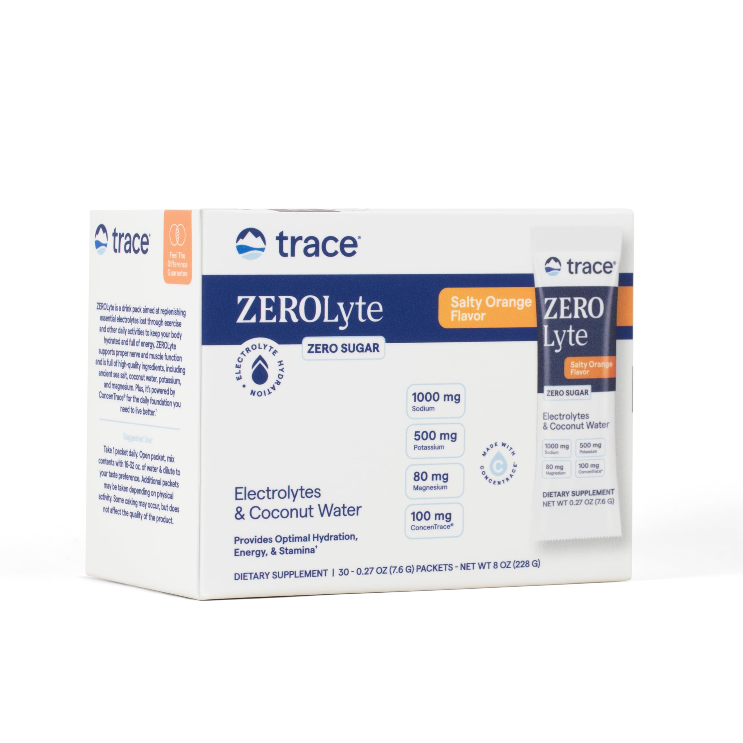 Trace Minerals ZeroLyte salty orange single-serving packet for on-the-go hydration.