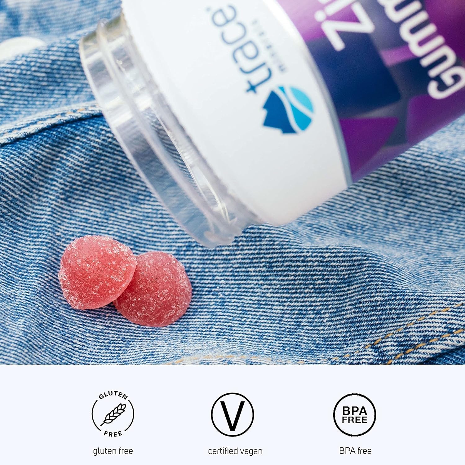 Trace Minerals Zinc Gummy label close-up emphasizing flavor and serving size.