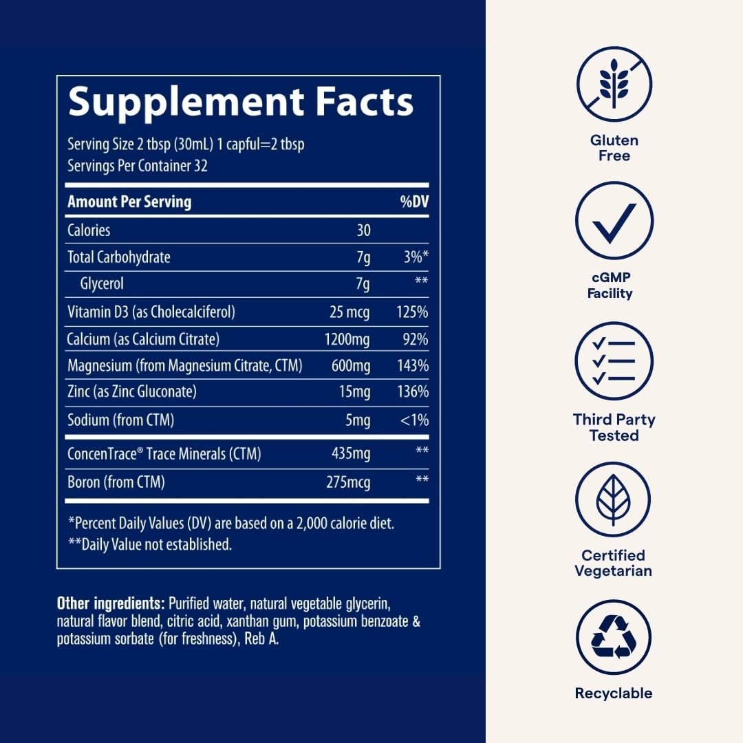 Trace Minerals Cal/Mag/Zinc label highlighting ingredients and gluten-free formula