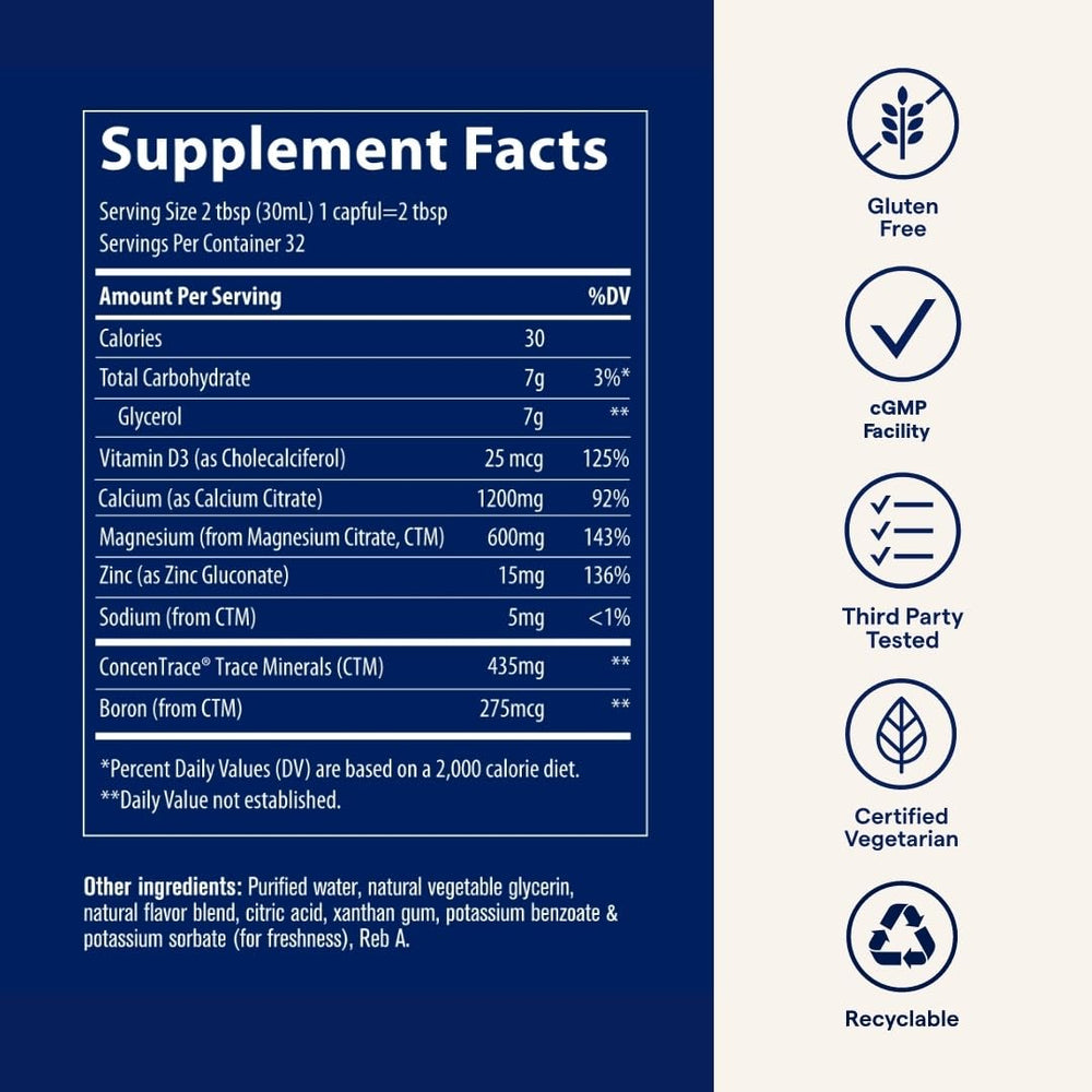 Trace Minerals Cal/Mag/Zinc label highlighting ingredients and gluten-free formula