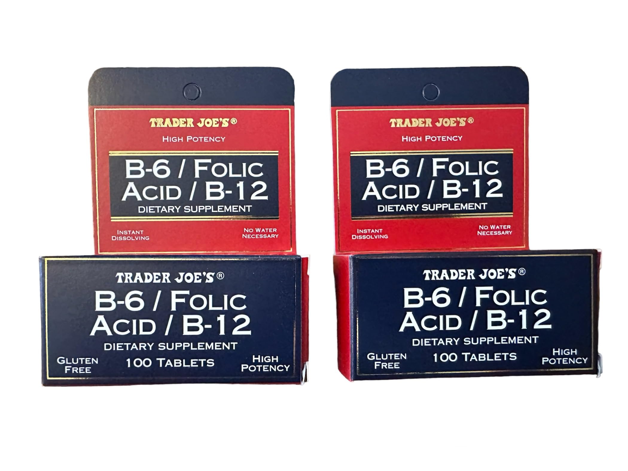 Trader Joe's B-6 Folic Acid B-12 bottle for quick, gluten-free intake.