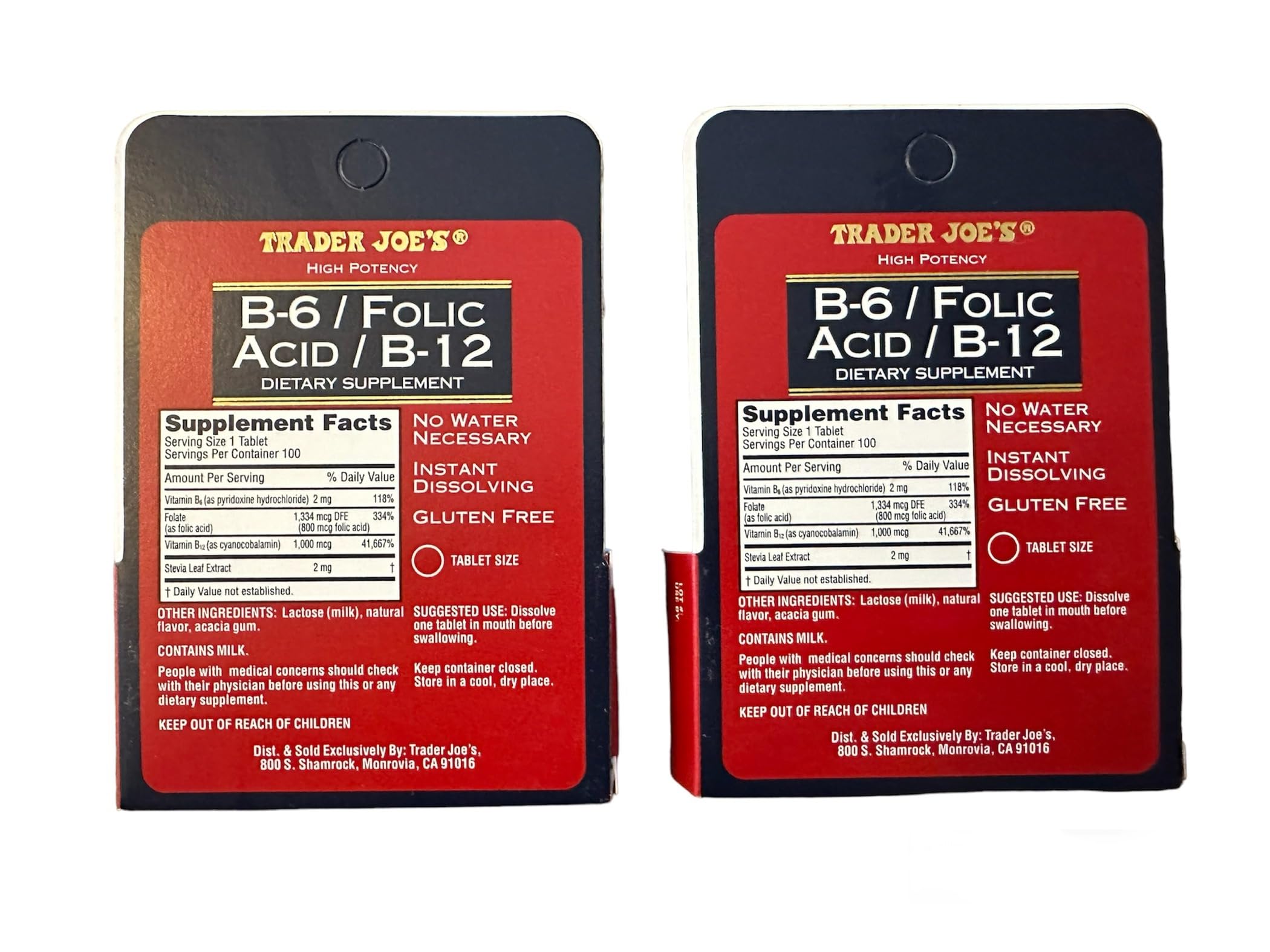 Two-bottle Trader Joe's B-6 Folic Acid B-12 packaging ideal for travel.