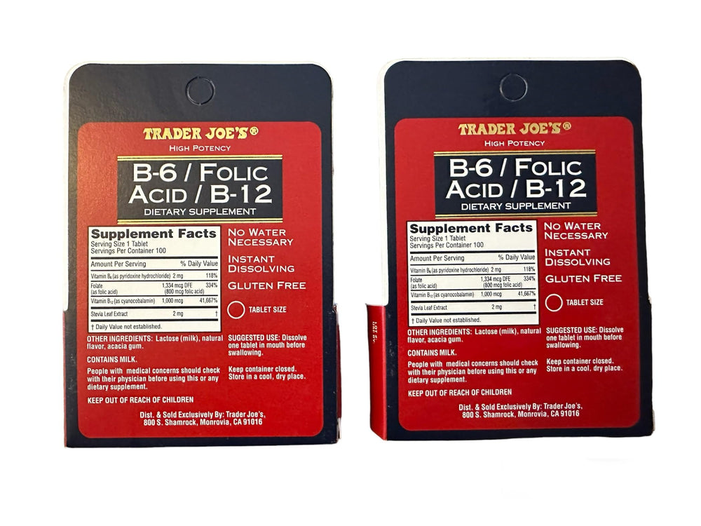 Two-bottle Trader Joe's B-6 Folic Acid B-12 packaging ideal for travel.