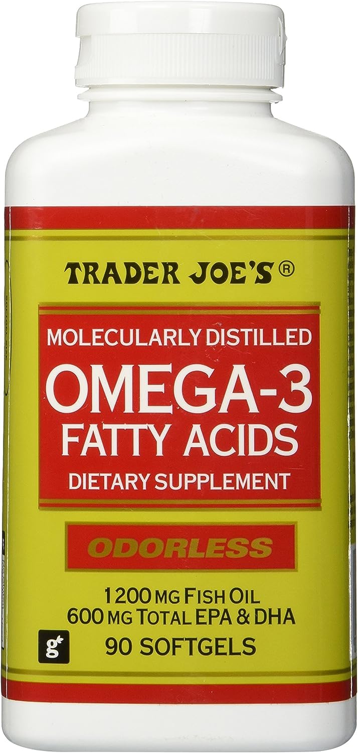 Trader Joe's Omega-3 softgels pack showing a 90-count bottle for daily use.