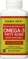 Trader Joe's Omega-3 softgels pack showing a 90-count bottle for daily use.