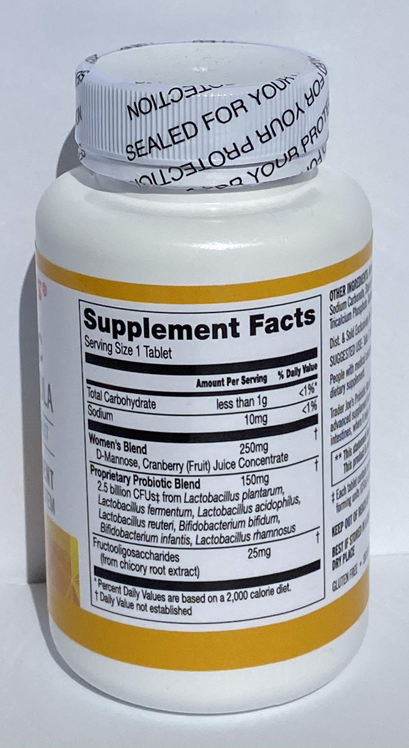 Close-up of Trader Joe's Probiotic Women's Formula tablets showing 2.5B CFU per tablet