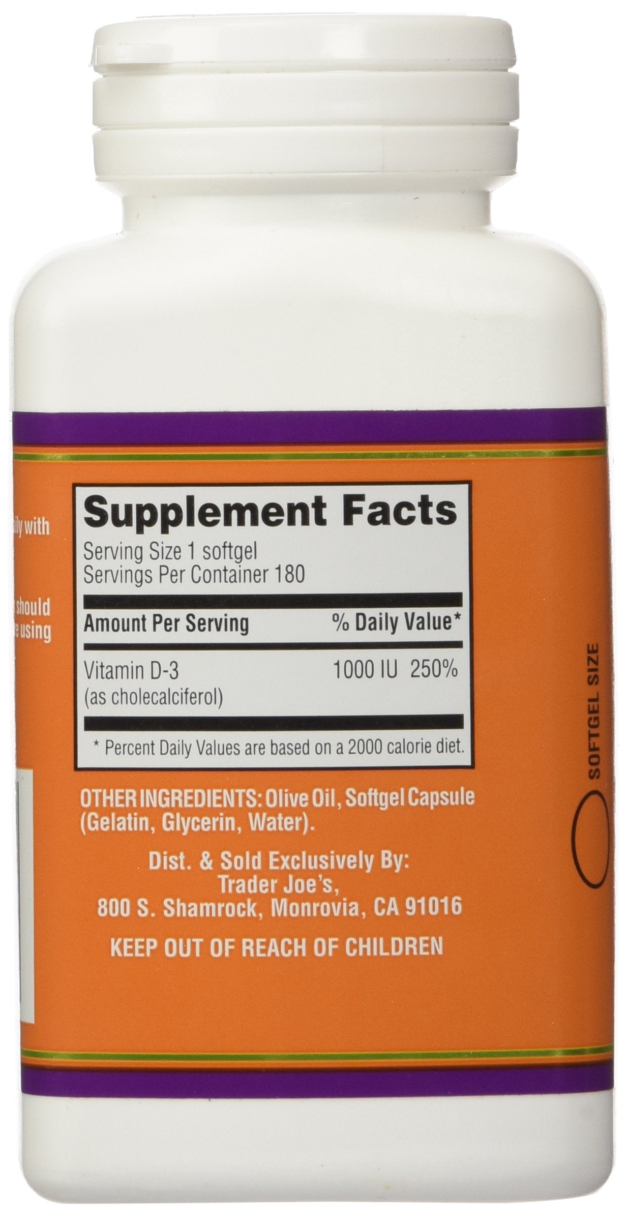 Close-up of Trader Joe's Vitamin D-3 softgels showcasing gelatin capsules and 1000 IU potency