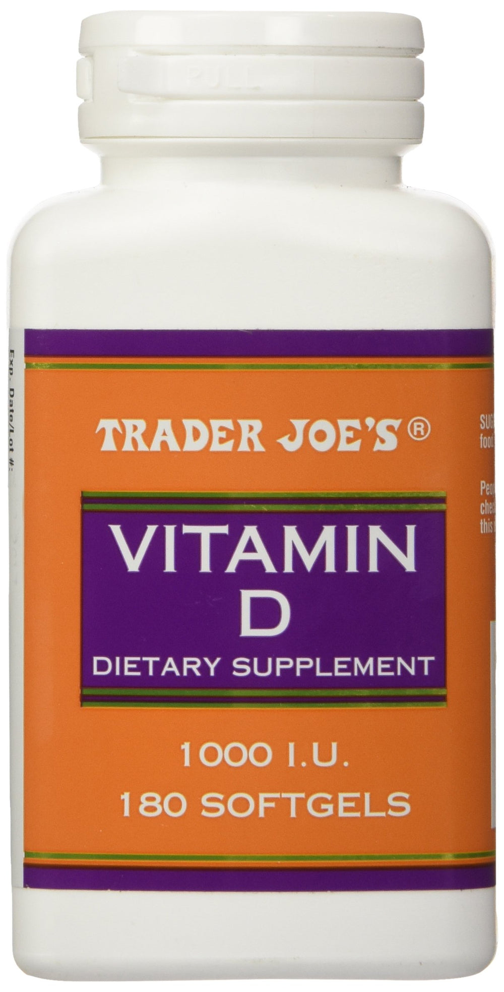 Trader Joe's Vitamin D-3 softgel bottle on a light background for daily bone health support