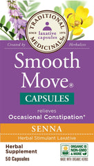 Traditional Medicinals Smooth Move Senna capsules close-up highlighting organic ingredients.