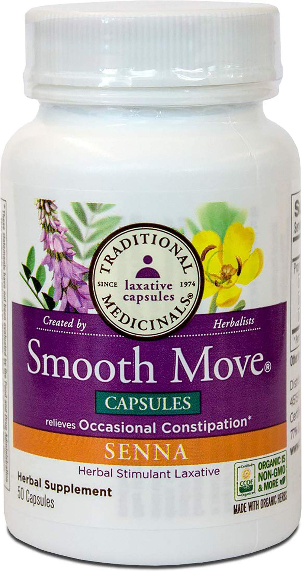Traditional Medicinals Smooth Move Senna packaging shows quality commitments.