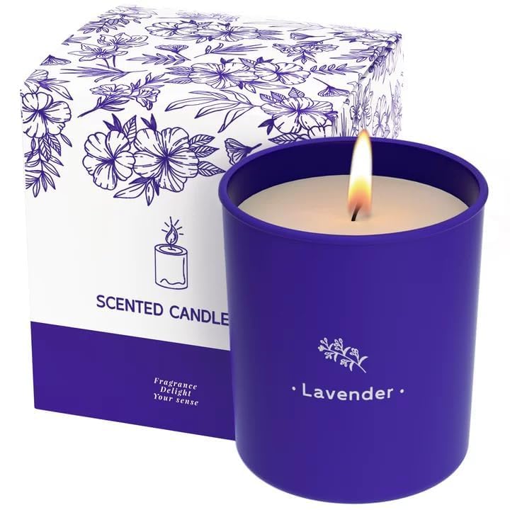 TranquilBliss lavender candle in 8 oz purple jar for soothing room aroma.