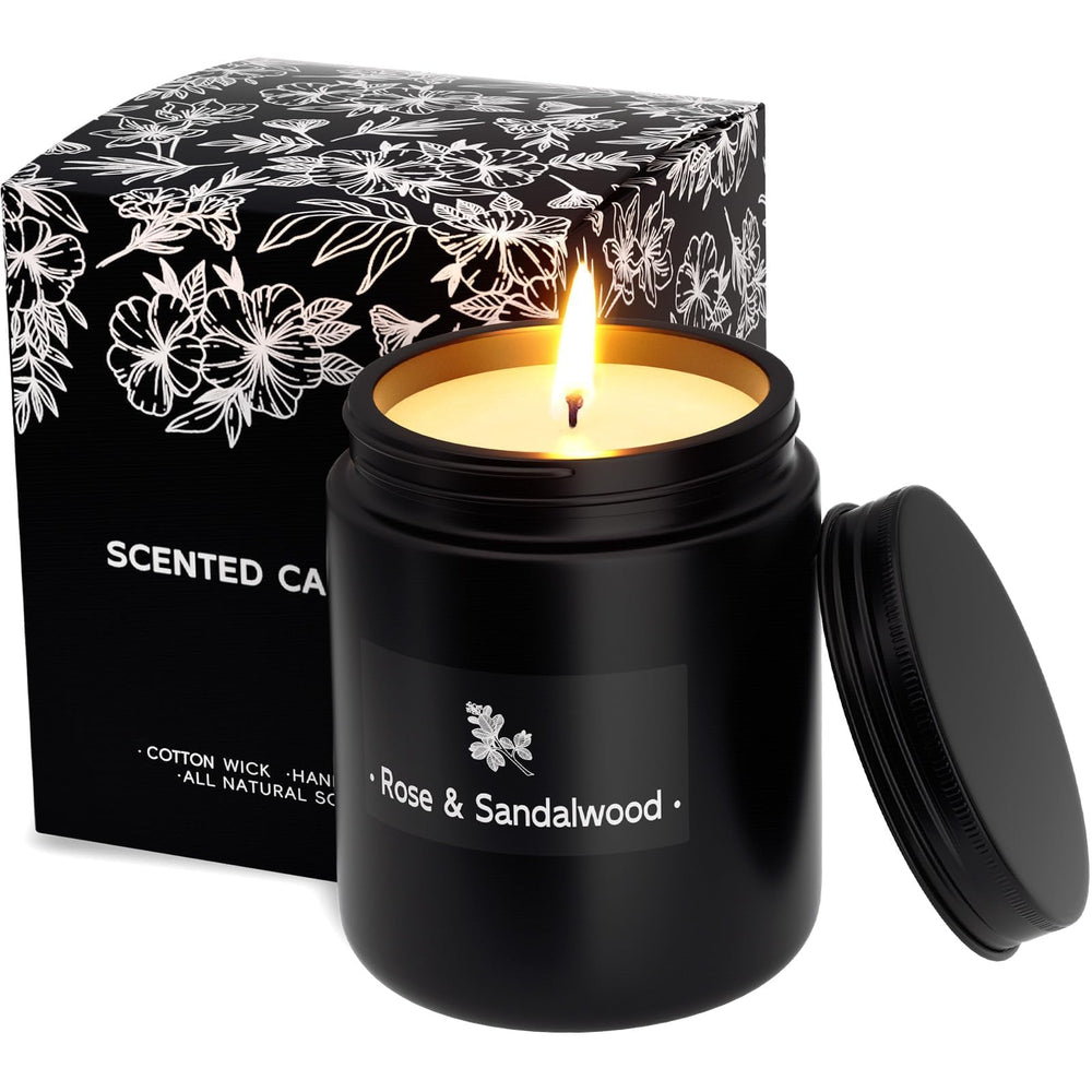 TranquilBliss Rose & Sandalwood candle in black jar for calming ambience.
