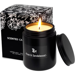 TranquilBliss Rose & Sandalwood candle in black jar for calming ambience.