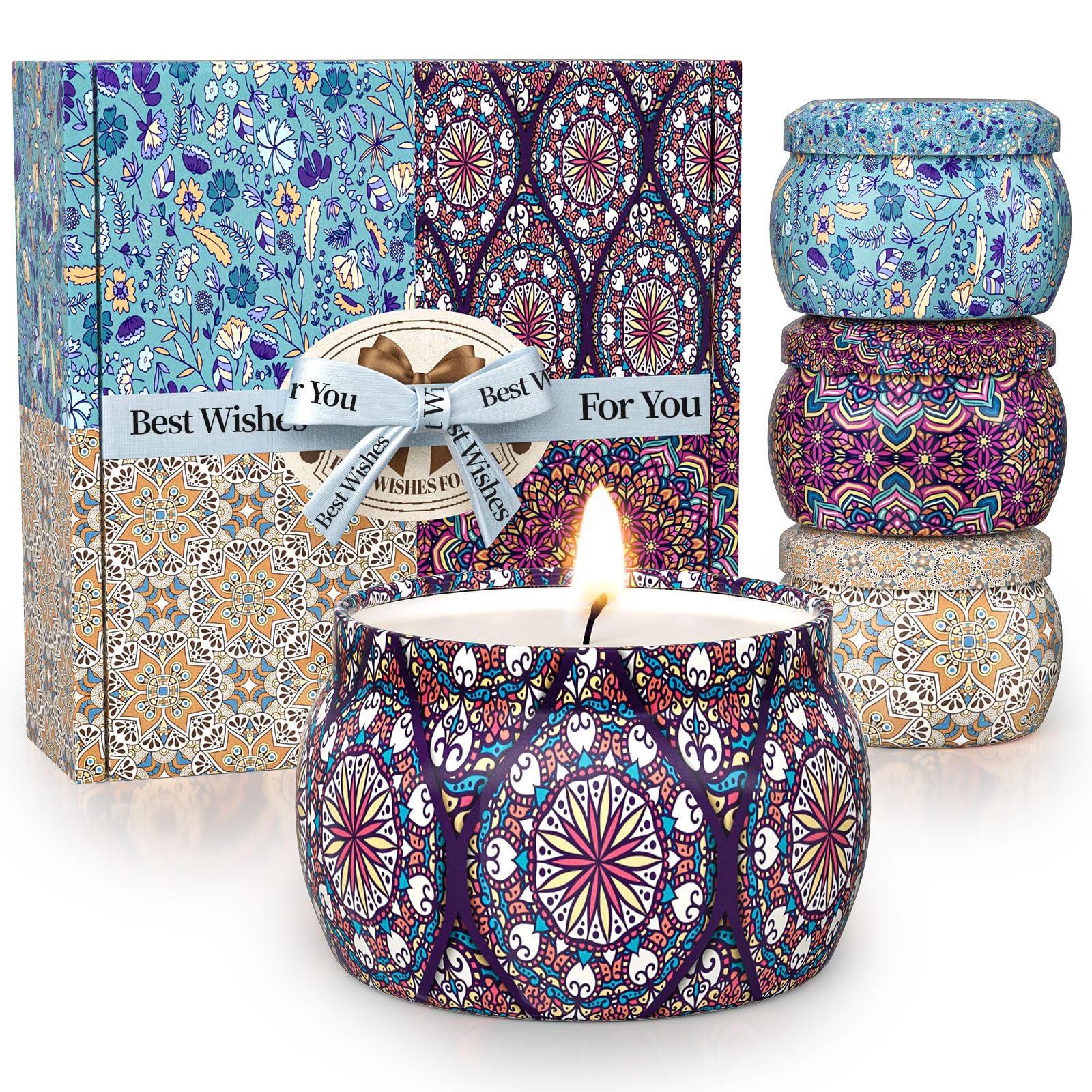 TranquilBliss scented candle set front view with four long-lasting soy candles for cozy evenings
