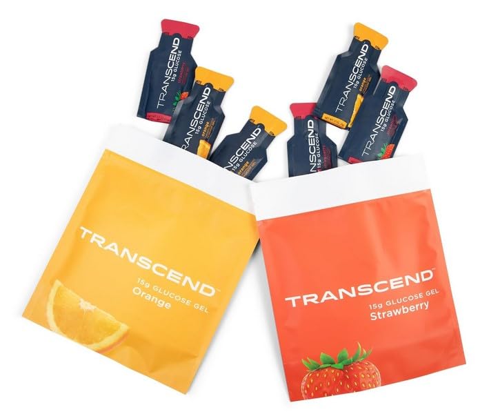 Transcend glucose gel assortment box with orange and strawberry flavors