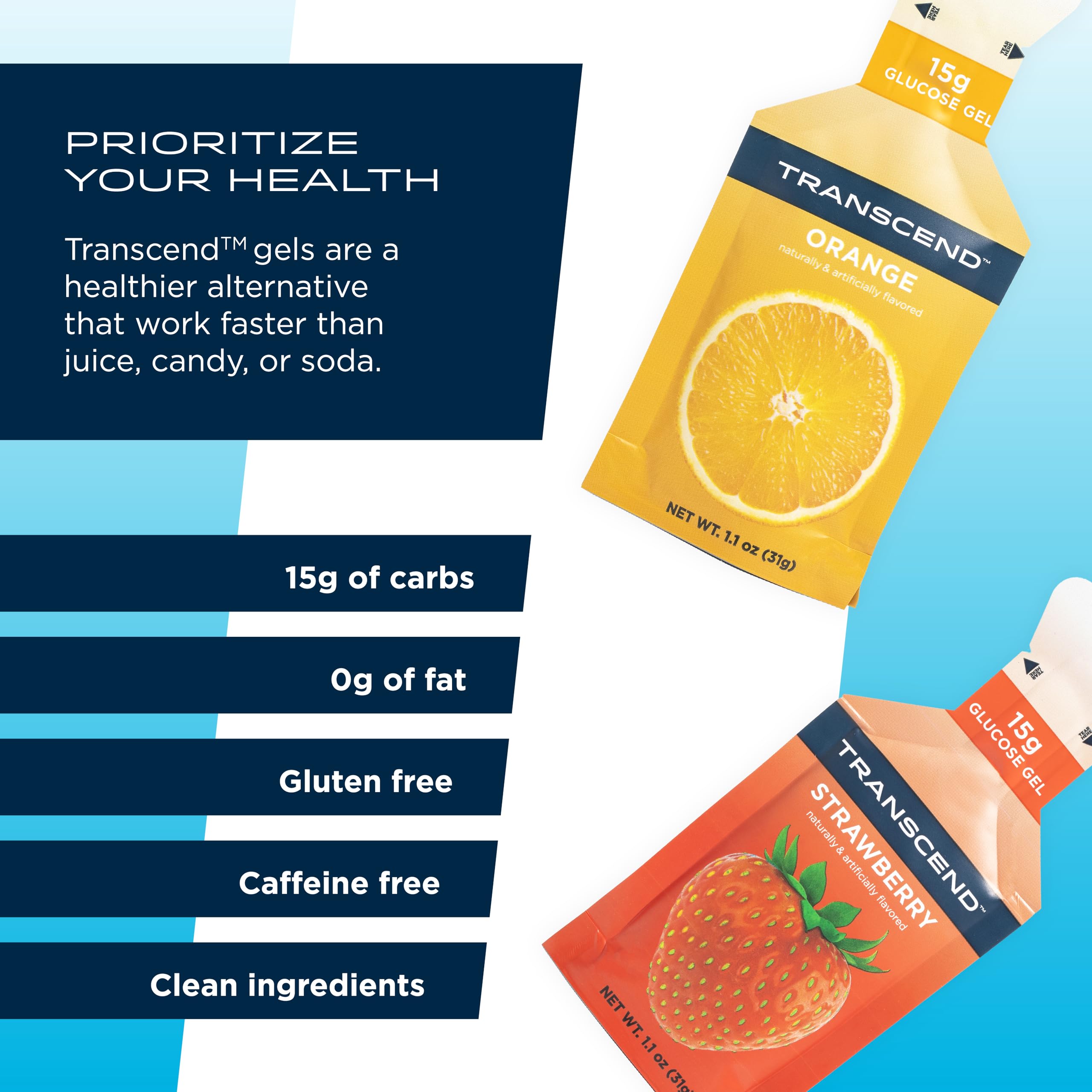 Transcend Orange flavor gel pack emphasizing citrus notes for a quick lift.