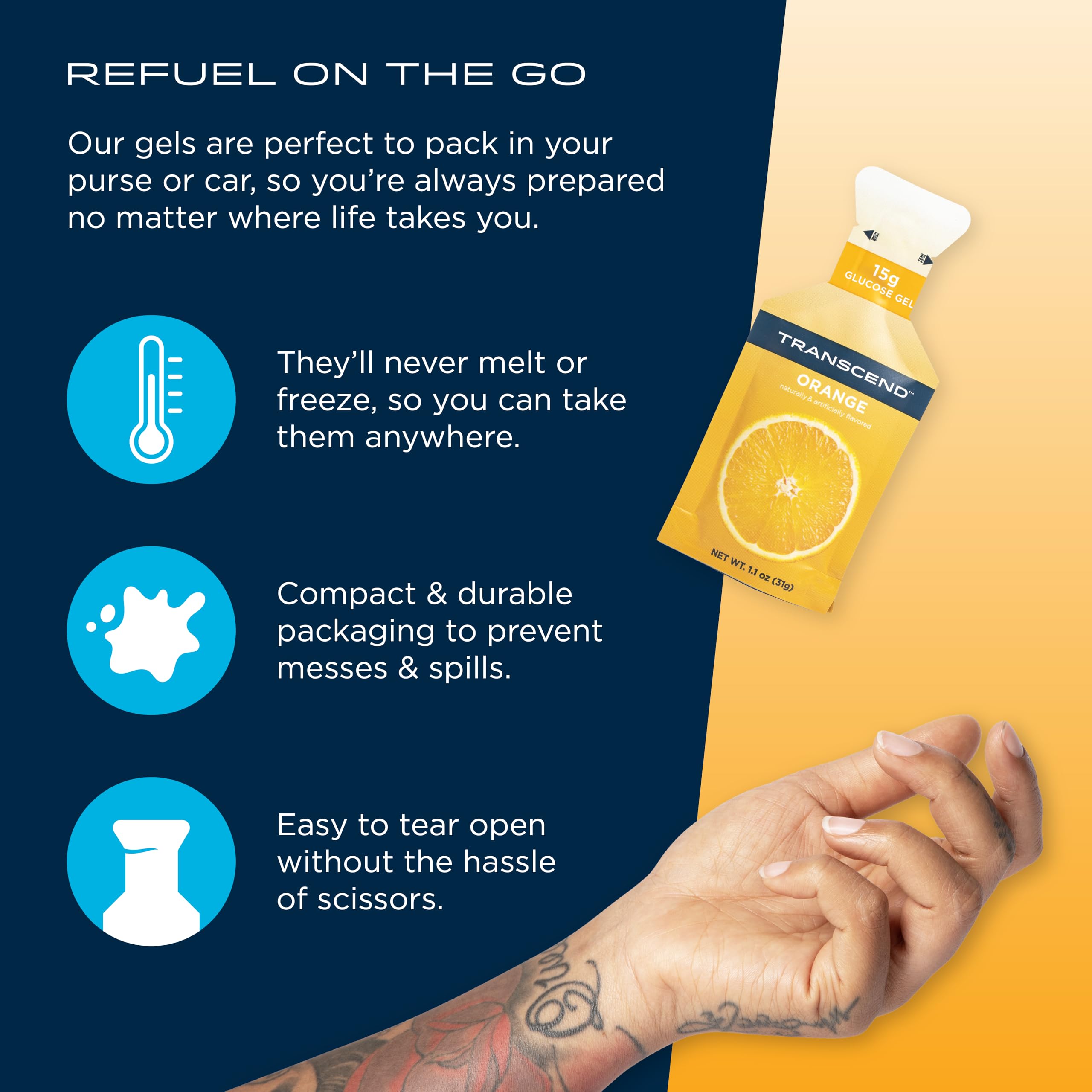 Transcend orange gel flavor orange for refreshing energy boost.