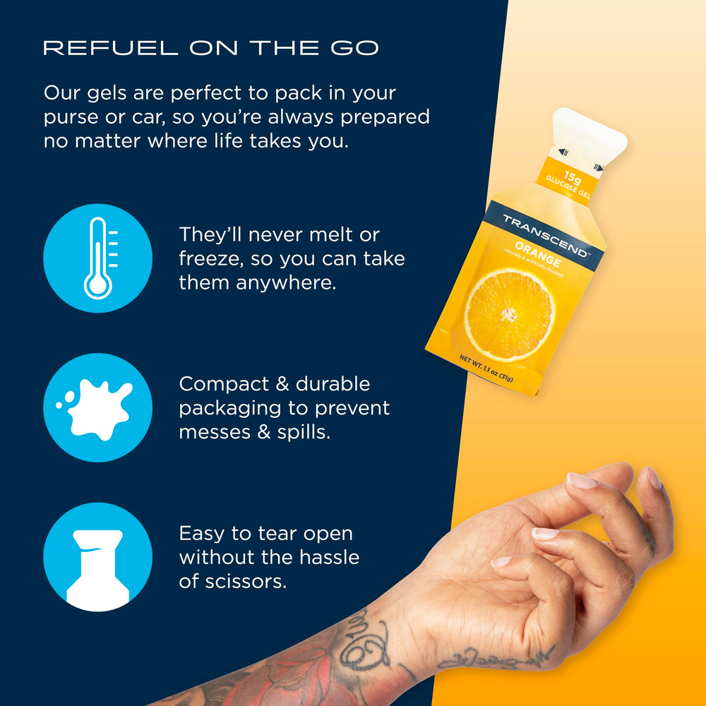 Transcend orange gel flavor orange for refreshing energy boost.