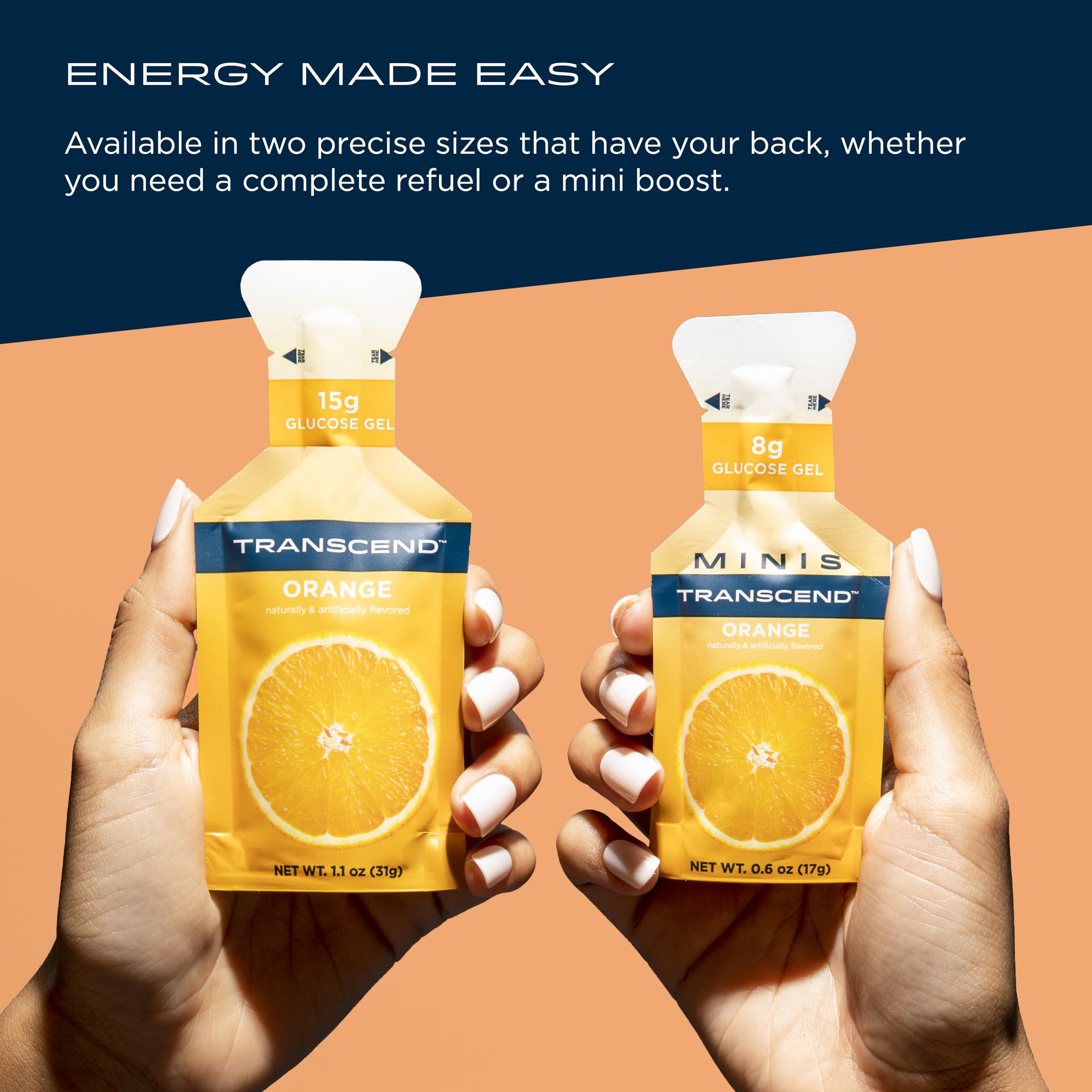 Transcend orange gel packaging showing single-serve pouch for quick consumption.