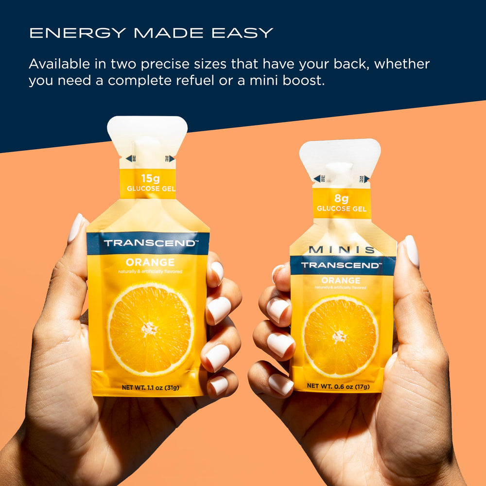 Transcend orange gel packaging showing single-serve pouch for quick consumption.