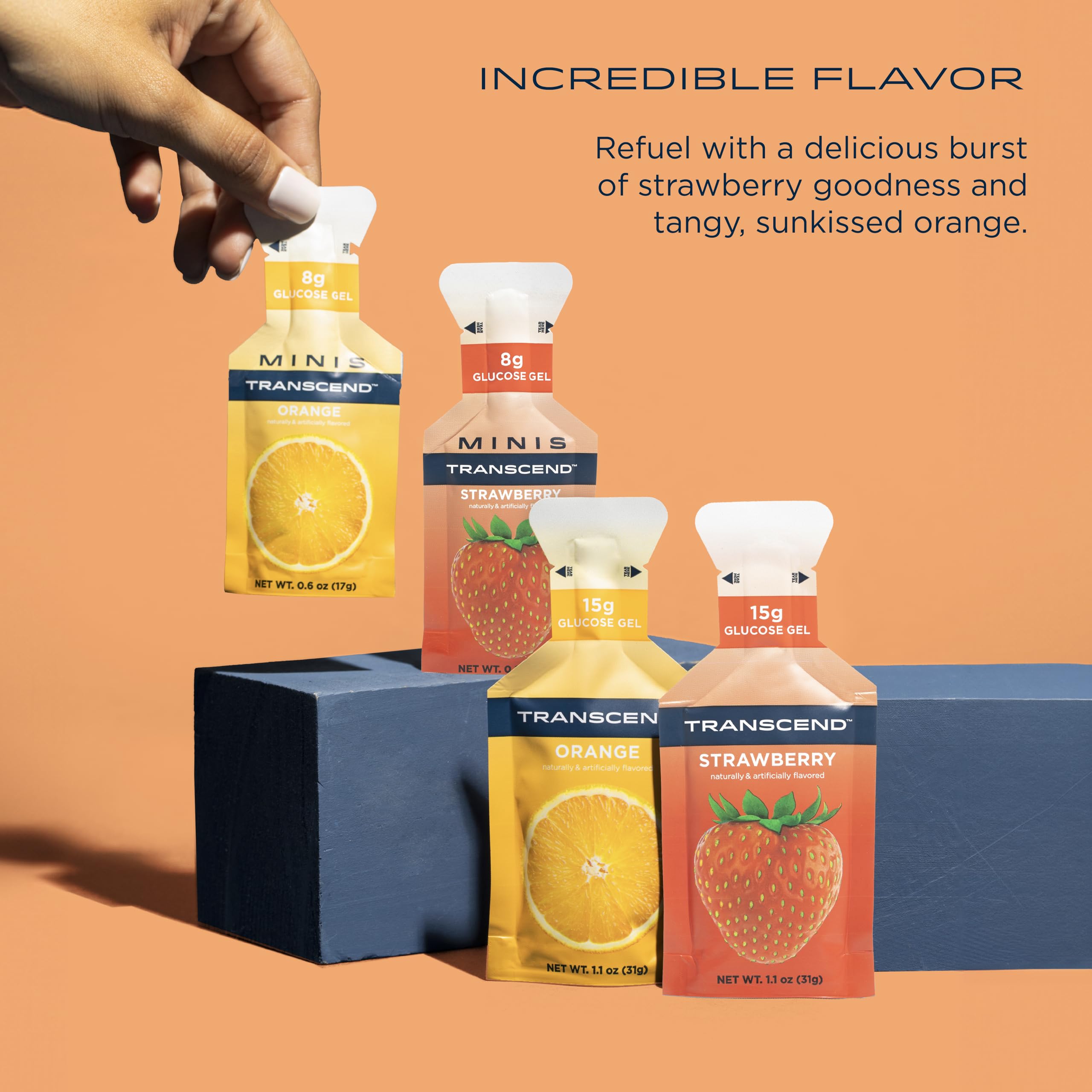 Transcend Strawberry flavor gel pack showcasing fruity taste and steady energy.