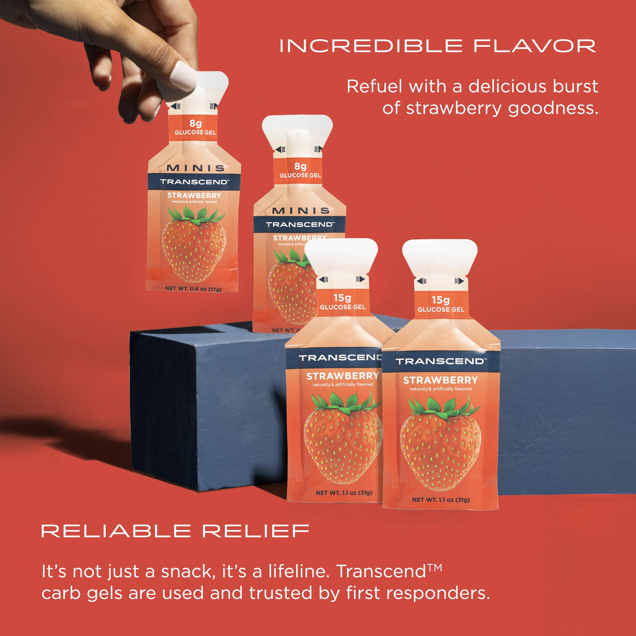 Opened Transcend Strawberry Gel pack showing convenient tear for fast consumption