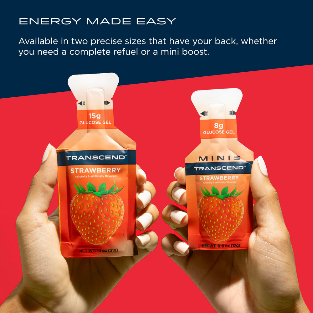 Serving idea with Transcend Strawberry Gel beside a water bottle on the go