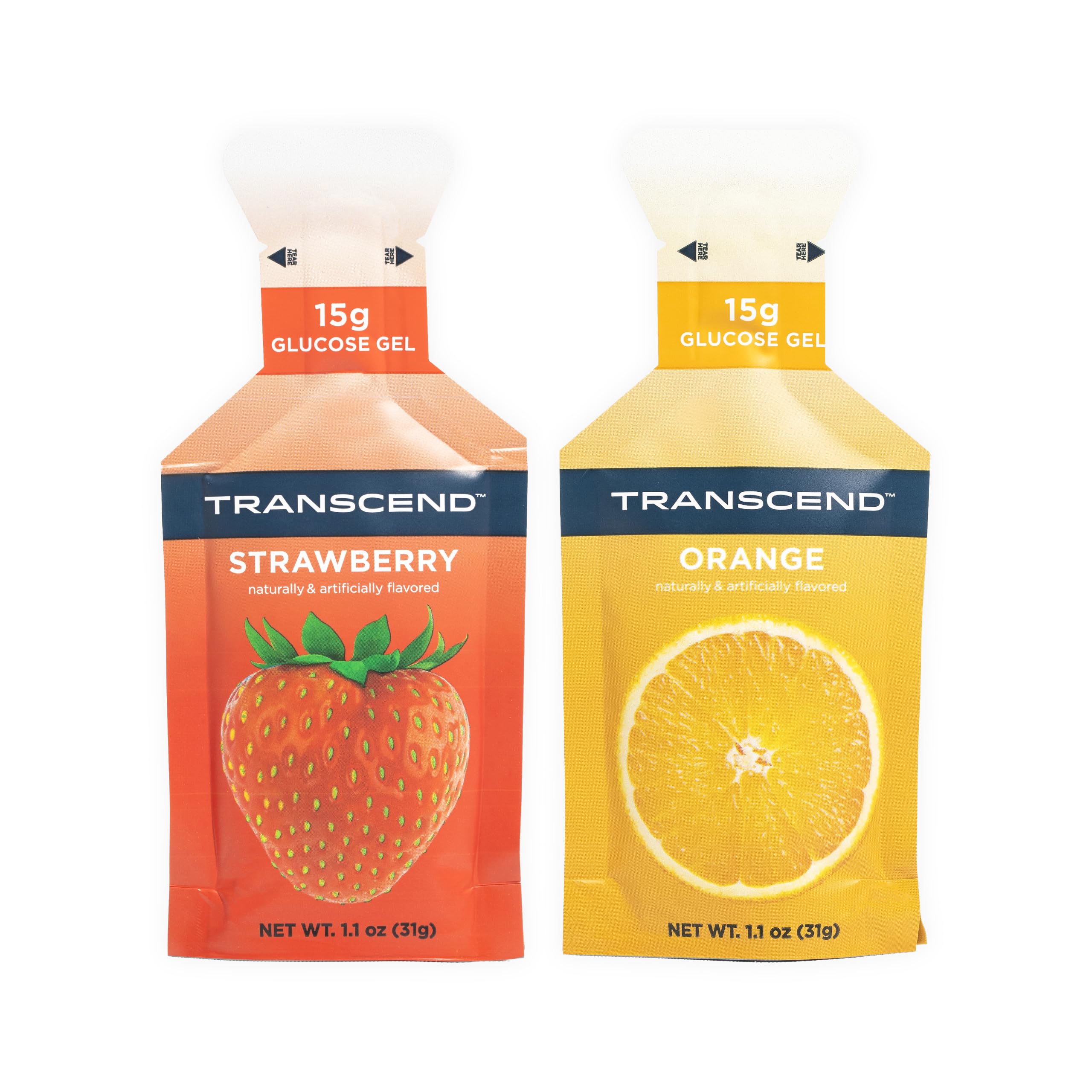 Transcend Strawberry + Orange Gels 10-pack front view for quick, portable energy.