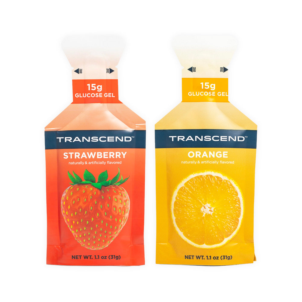 Transcend Strawberry + Orange Gels 10-pack front view for quick, portable energy.