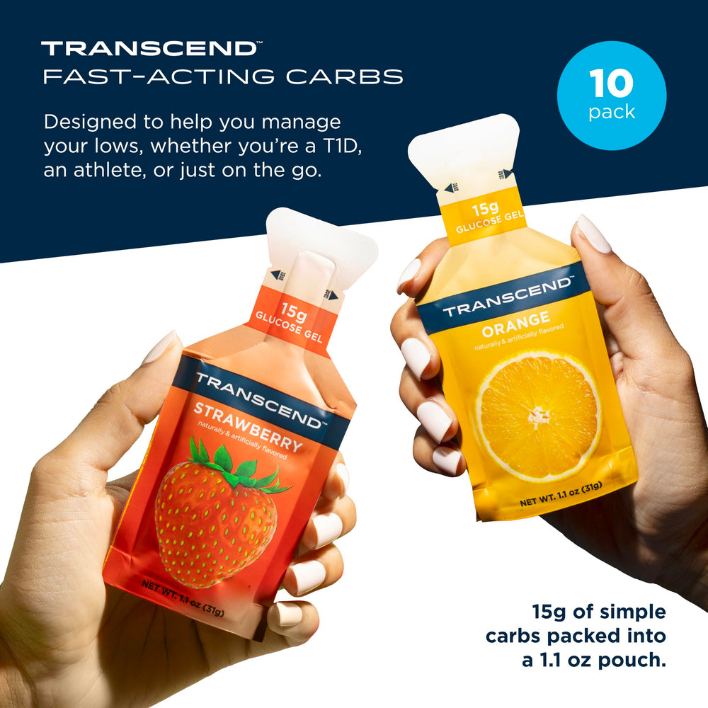 Transcend gel packets closeup highlighting fast-acting carbs for mid-ride refuel.