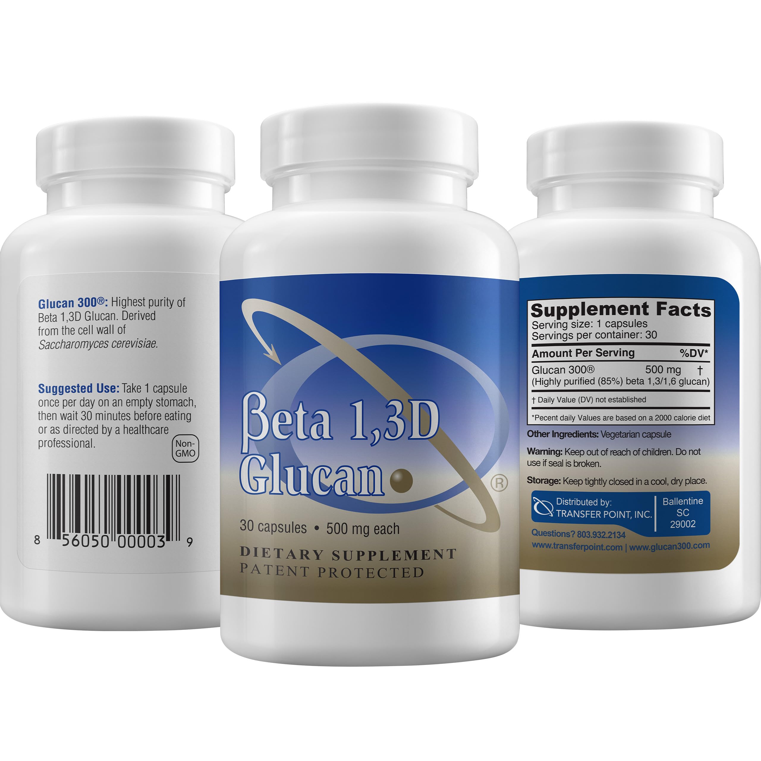 Bottle showing dosing and daily intake of Beta Glucan capsules
