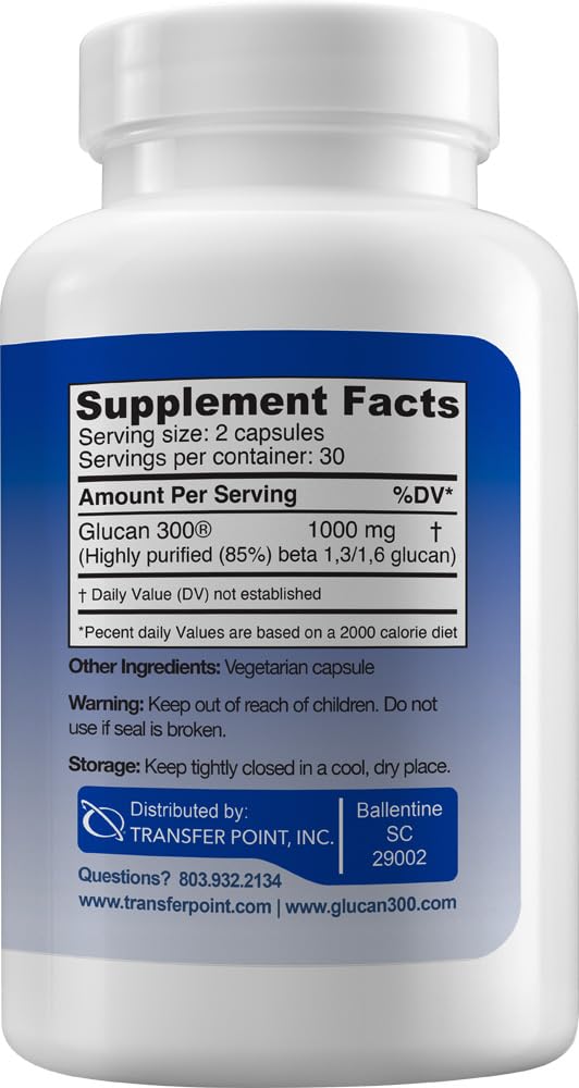 Close-up of Transfer Point beta glucan capsules highlighting easy-to-swallow 500 mg capsules.