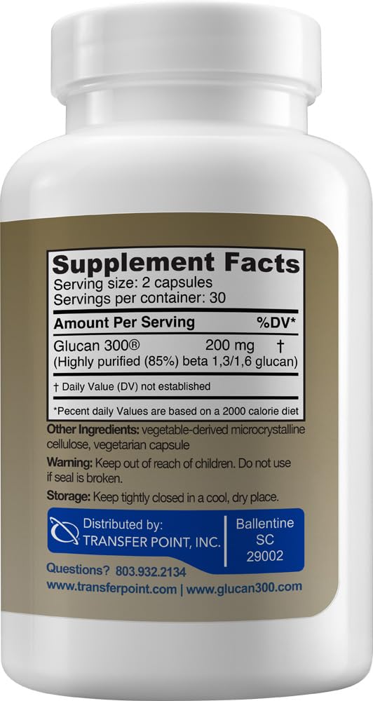 Transfer Point beta-glucan capsules close-up on vegan, clean formula.