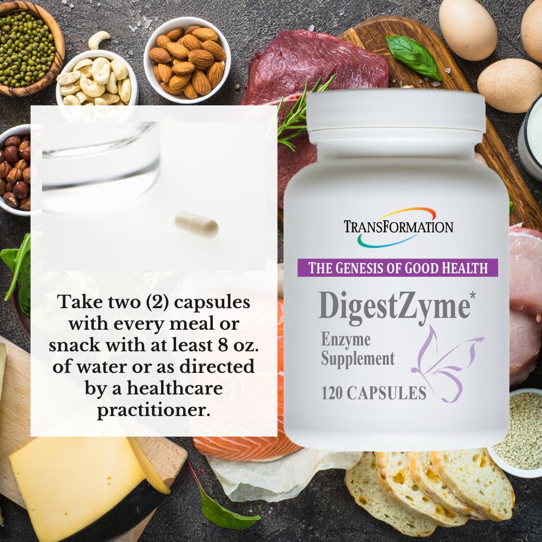 Transformation Good Health DigestZyme label shows enzyme blend and probiotic features
