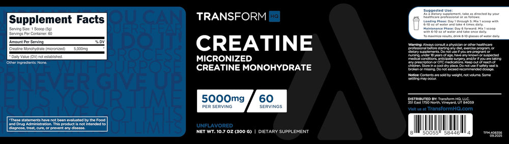 TransformHQ creatina monohidrato envase cerrado, almacenamiento seguro de 60 porciones