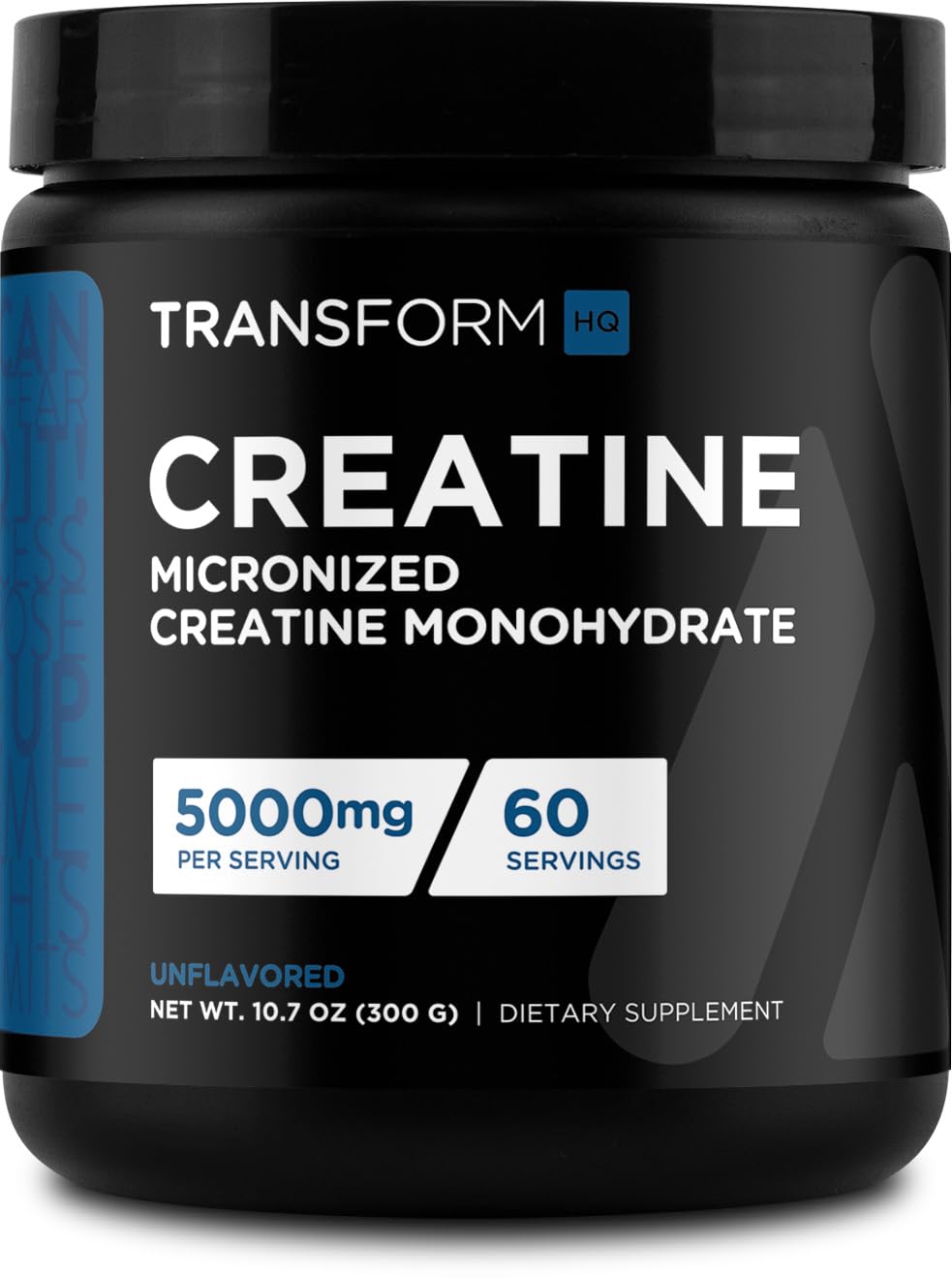 TransformHQ creatina monohidrato sin sabor en envase, listo para mezclar