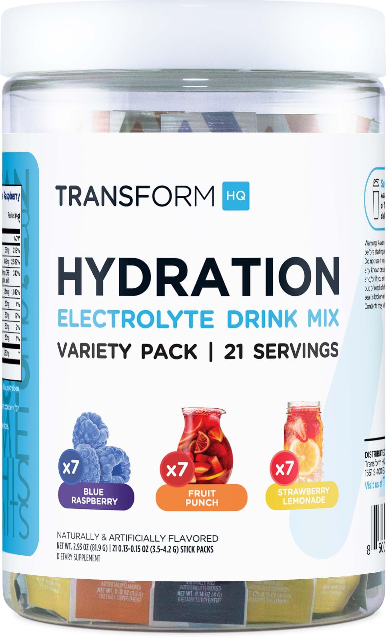 TransformHQ Electrolyte Hydration Packets blue raspberry stick for workout hydration.