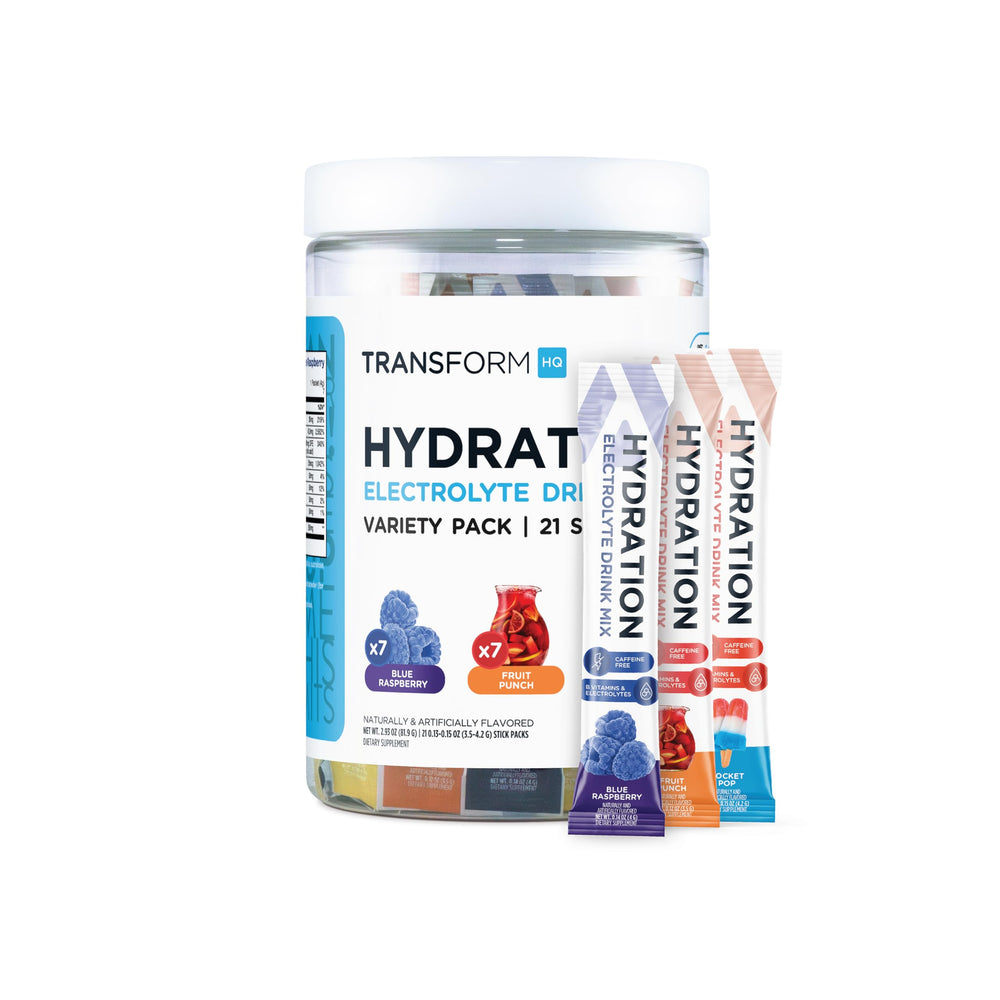 TransformHQ Electrolyte Hydration Packets fruit punch stick ideal for on-the-go fueling.