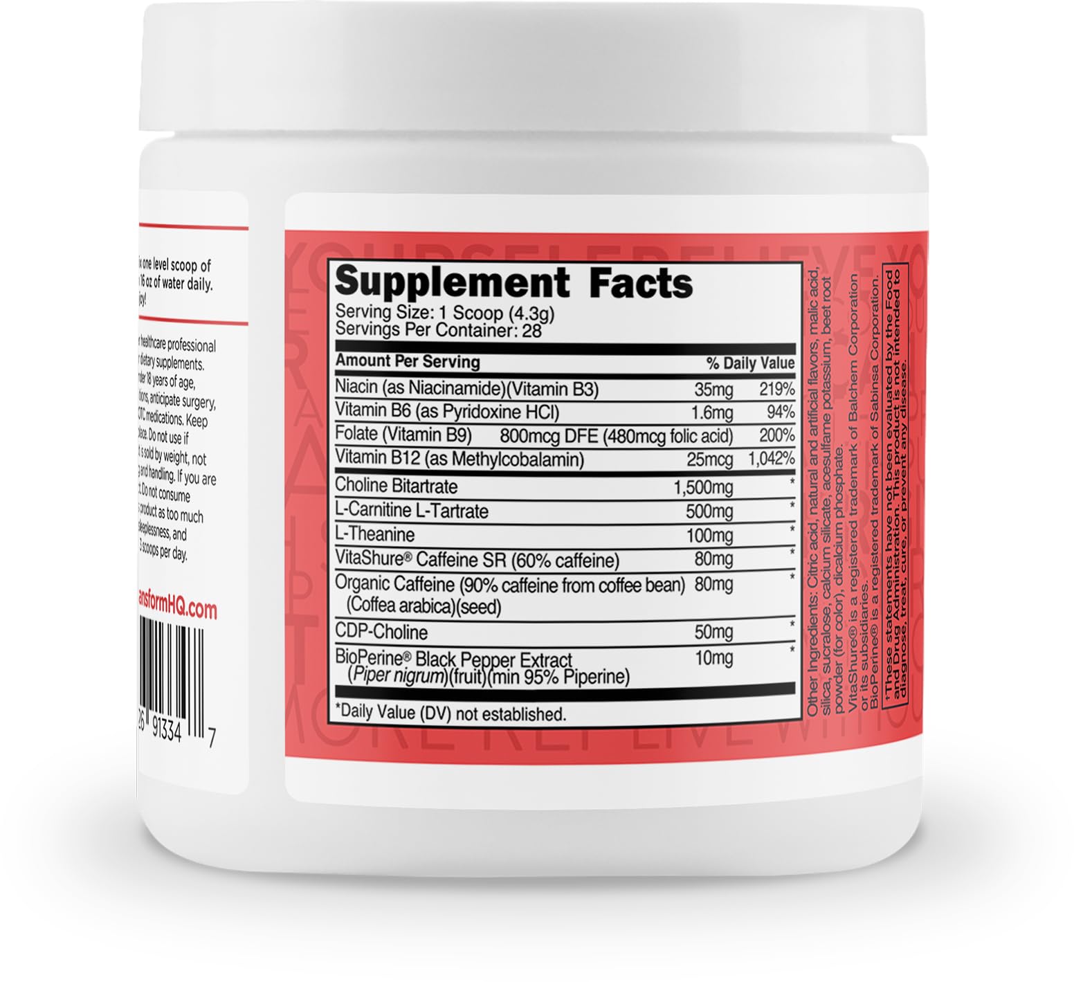 TransformHQ Energy & Focus bottle highlights clean caffeine blend.