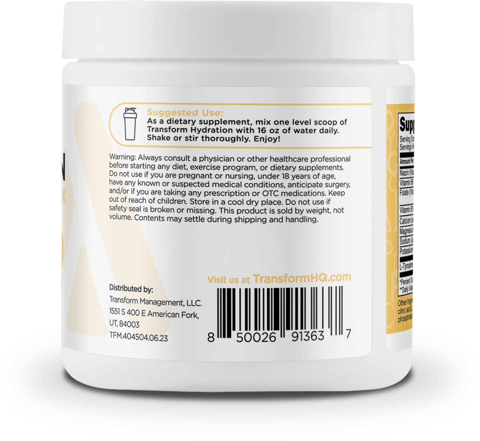 TransformHQ Hydration bottle close up with nutrition info and zero calories