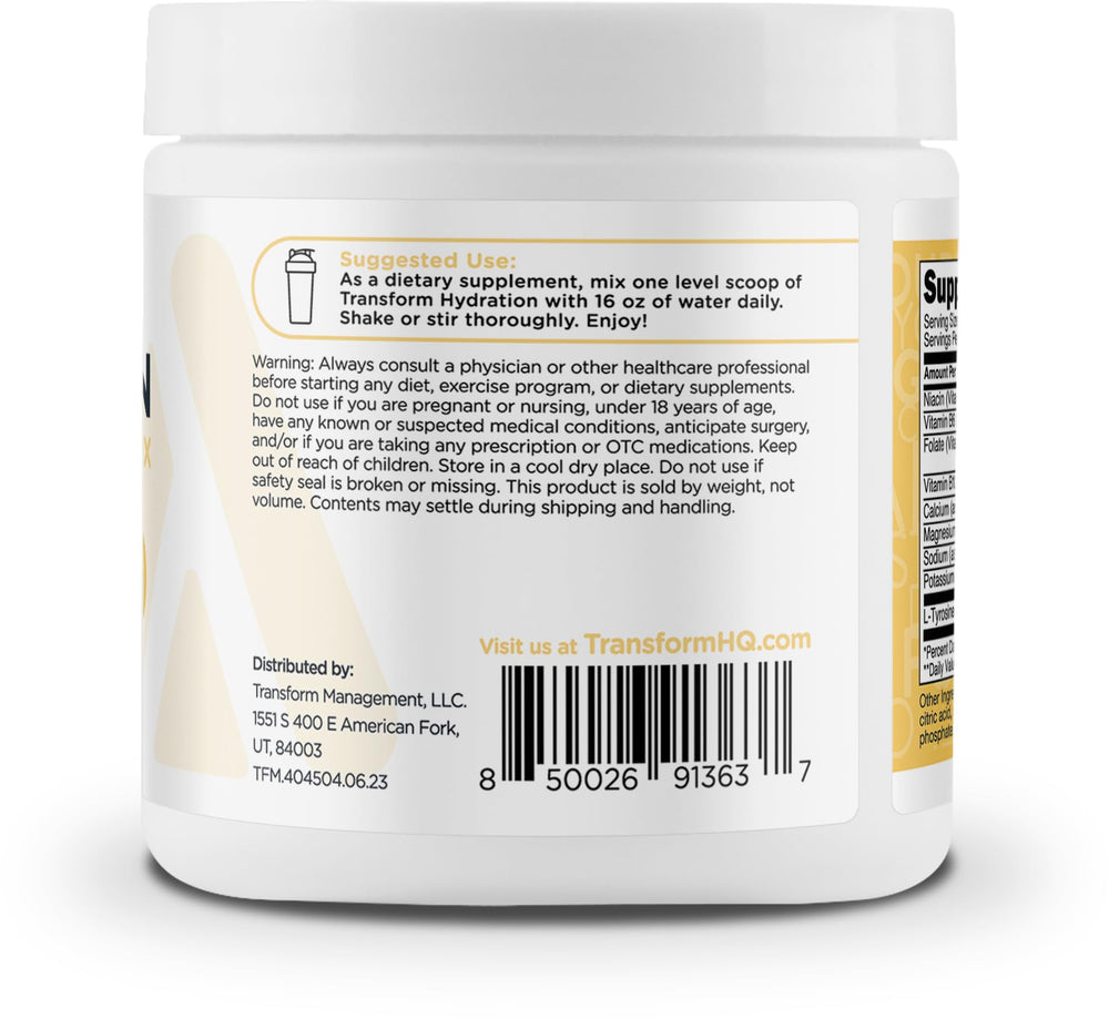 TransformHQ Hydration bottle close up with nutrition info and zero calories