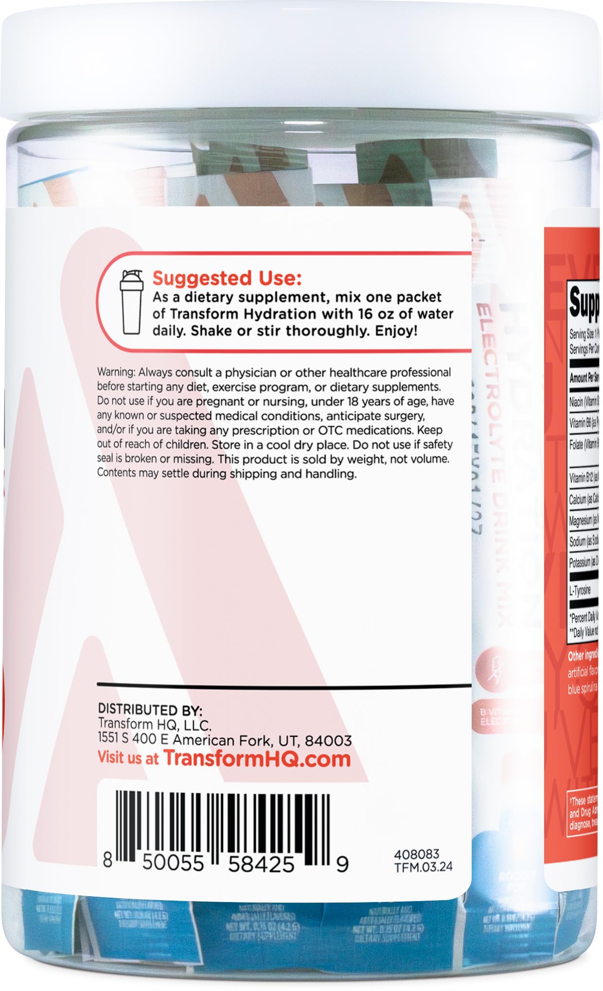 TransformHQ Hydration Vitamin-Electrolyte label highlights minerals for daily support