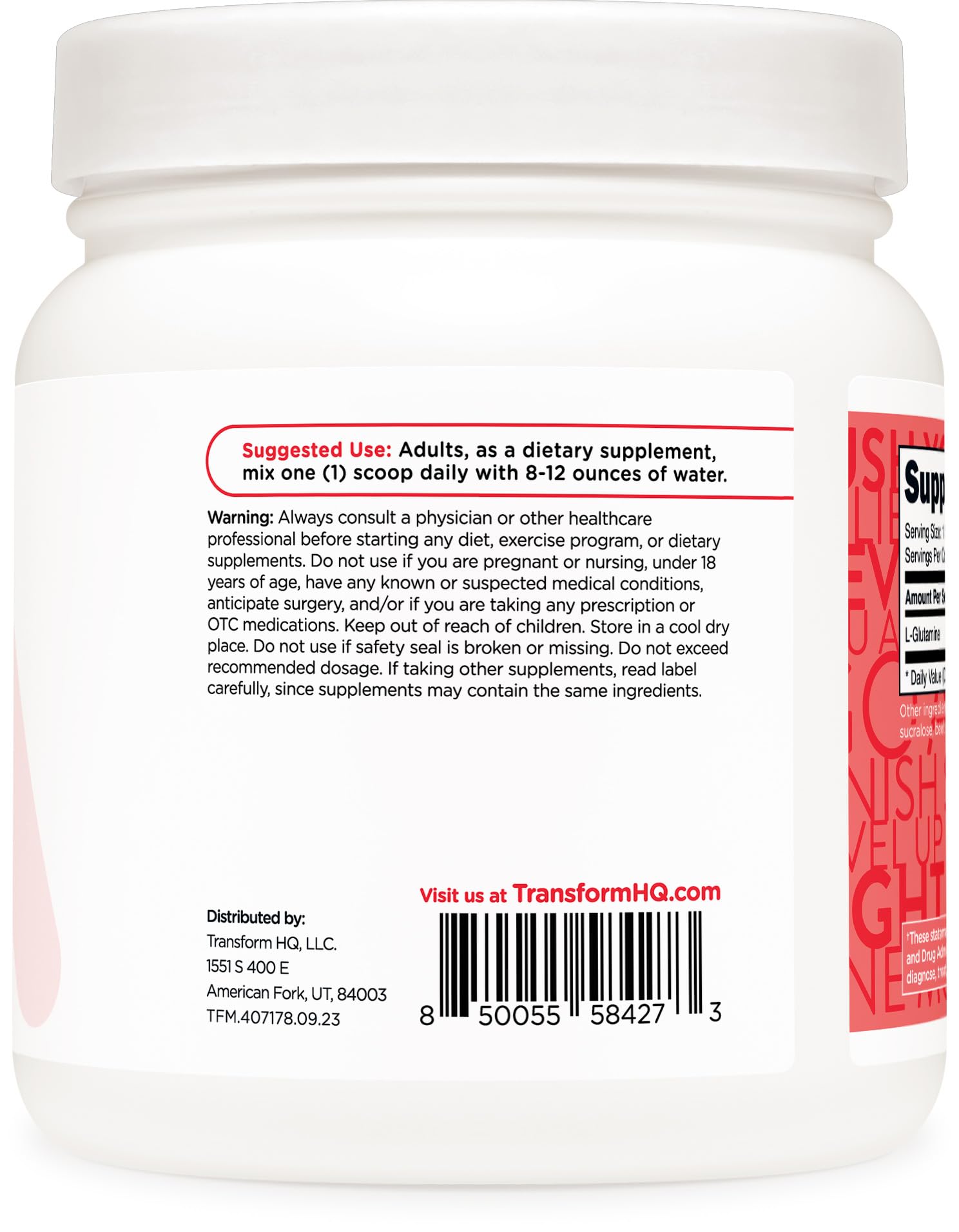TransformHQ L-Glutamine 500g label highlighting gluten-free and non-GMO ingredients.