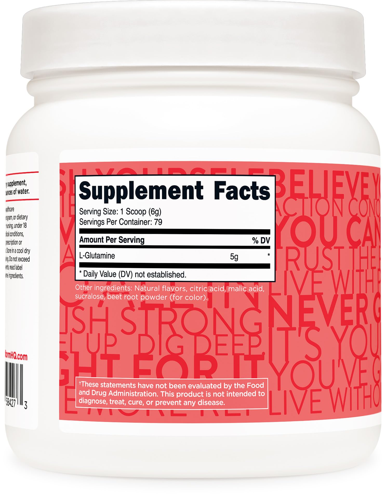 TransformHQ L-Glutamine powder scoop shown with jar for easy daily use.