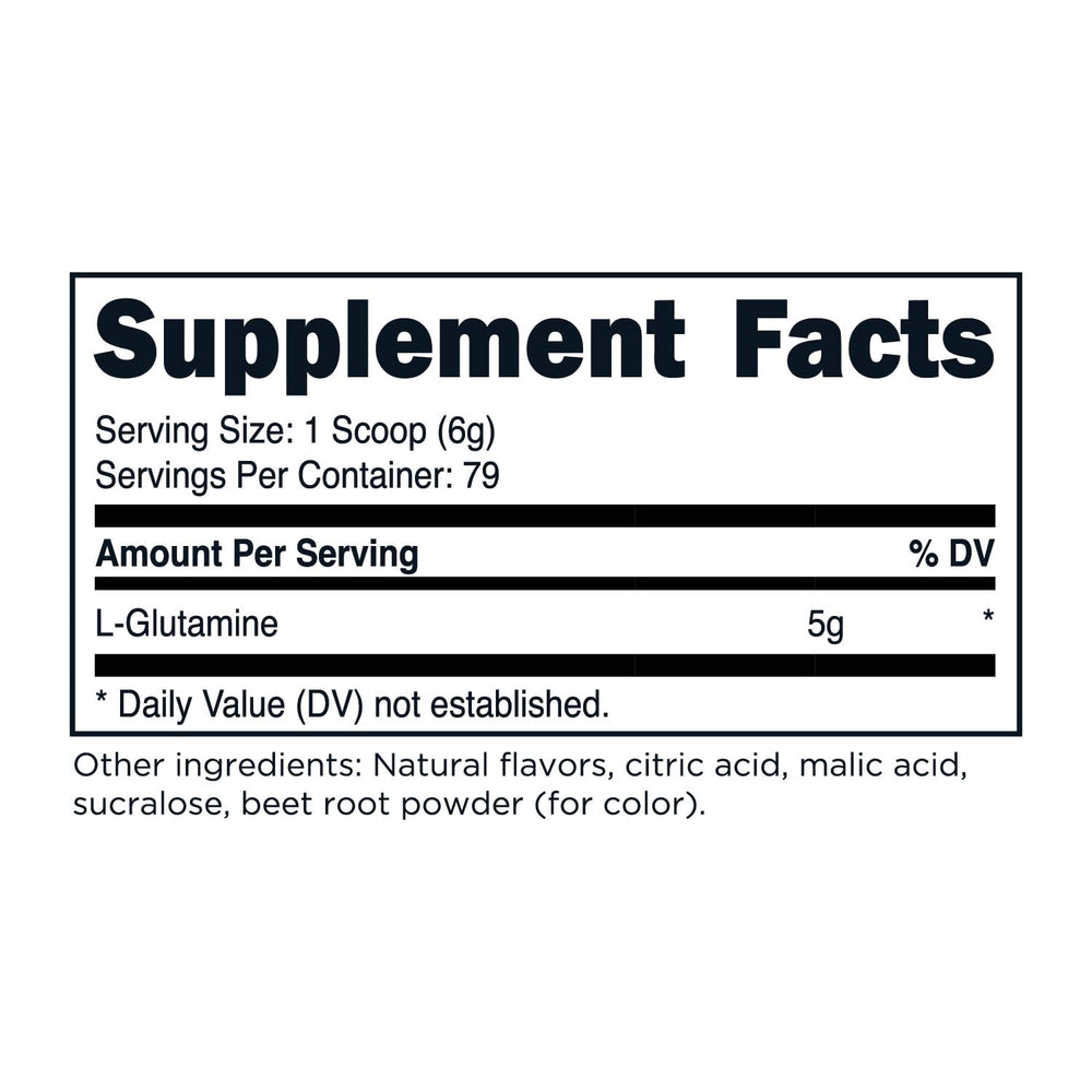 TransformHQ L-Glutamine powder being poured, strawberry lemonade flavor.