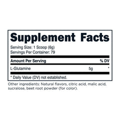 TransformHQ L-Glutamine powder being poured, strawberry lemonade flavor.