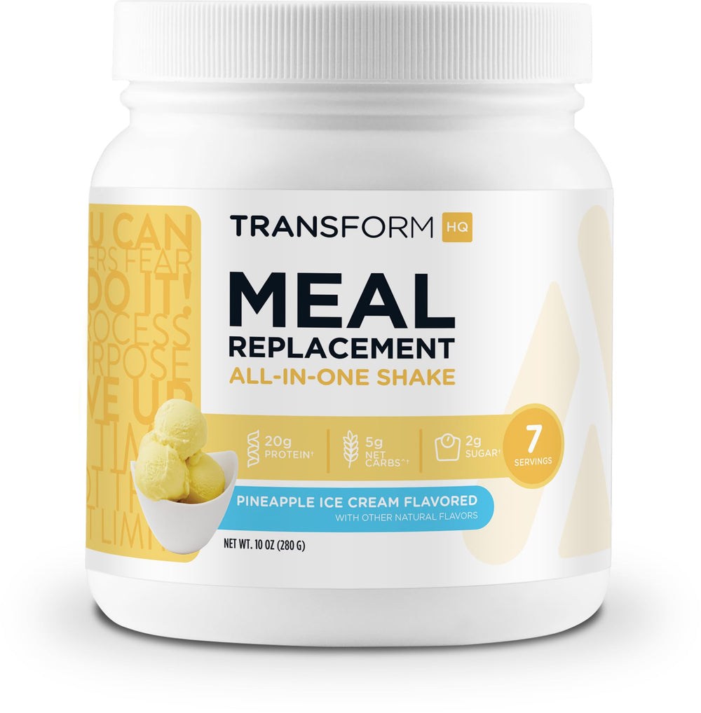 TransformHQ meal replacement bottle with pineapple ice cream flavor offers convenient nutrition on the go.