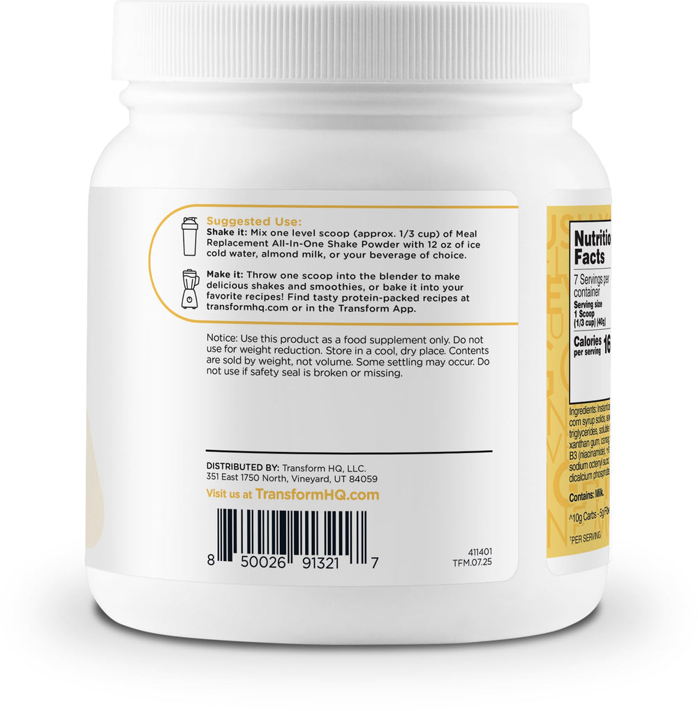 TransformHQ nutrition panel highlights seven servings per bottle for planning.