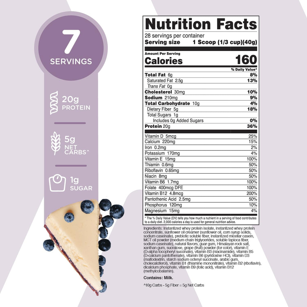 TransformHQ Blueberry Cheesecake label close-up highlighting gluten-free and non-GMO status
