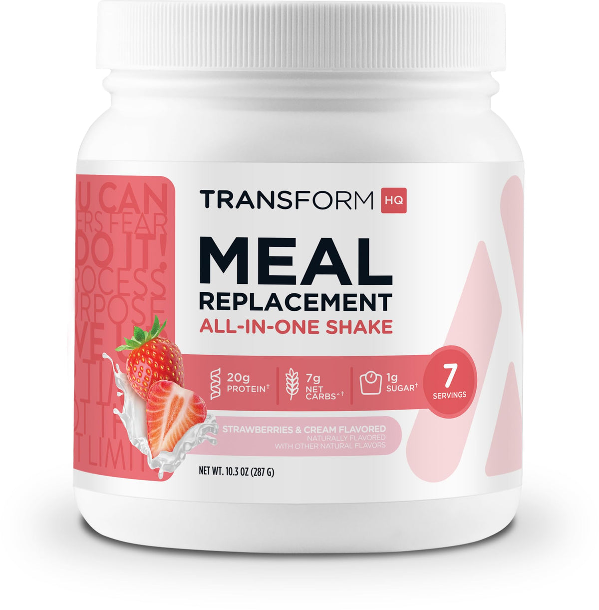 TransformHQ Strawberry & Cream bottle showing seven servings for easy planning.